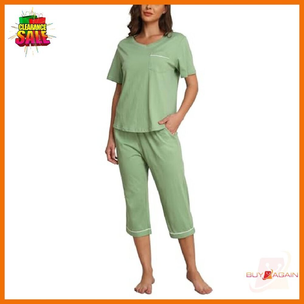 Women's 100% Cotton Capri Pajama Set Short Sleeve Top & Pants - Picture 2 of 7